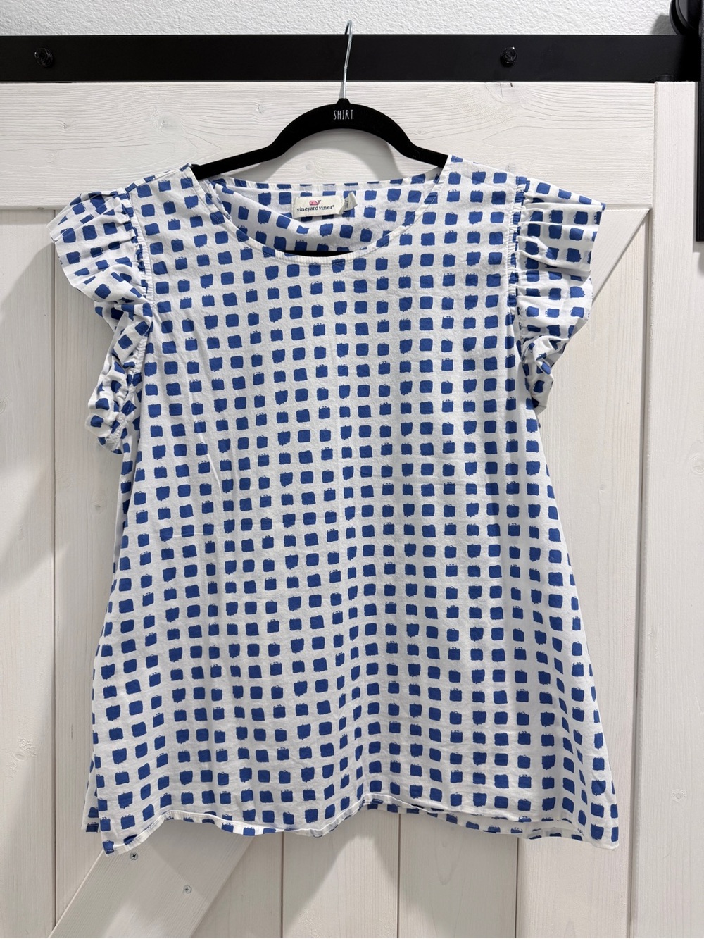 Vineyard Vines Blue and White Gingham-Style Flutter Sleeve Top